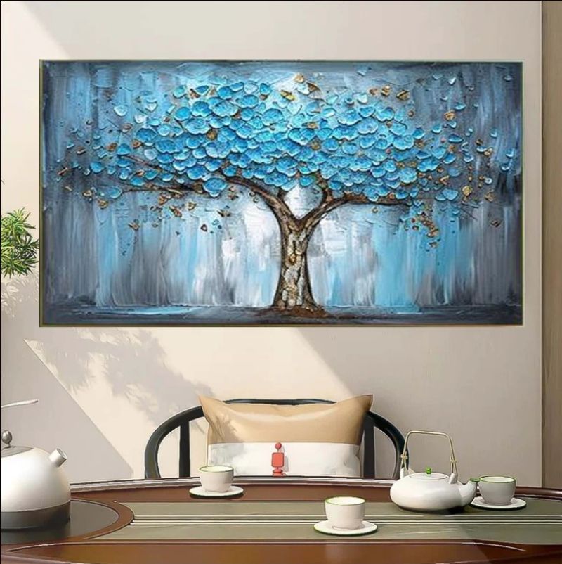 Textured oil painting of a majestic tree with vibrant blue and turquoise leaves and a gold-accented trunk against a misty grey background, modern office wall art.