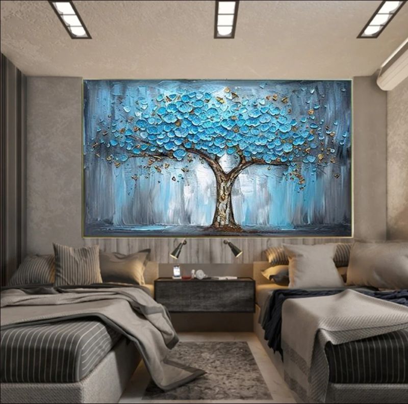 Textured oil painting of a majestic tree with vibrant blue and turquoise leaves and a gold-accented trunk against a misty grey background, modern office wall art.