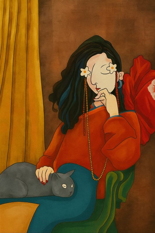 Modern figurative painting The Girl Who Saw Flowers featuring a woman with floral eyes and a grey cat on a green armchair, bohemian wall decor style.