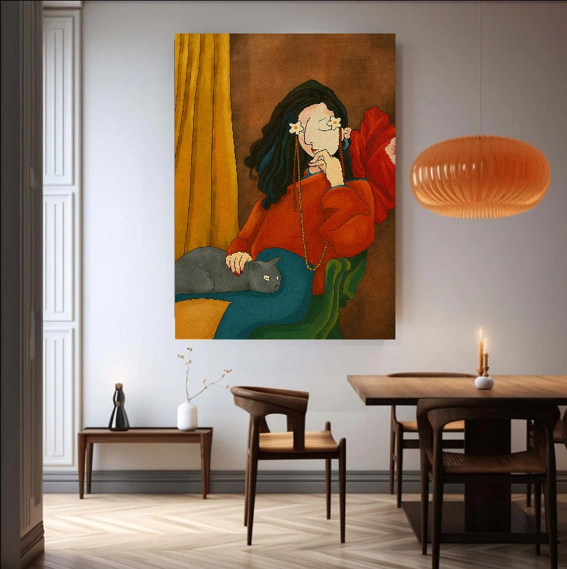 Modern figurative painting The Girl Who Saw Flowers featuring a woman with floral eyes and a grey cat on a green armchair, bohemian wall decor style.