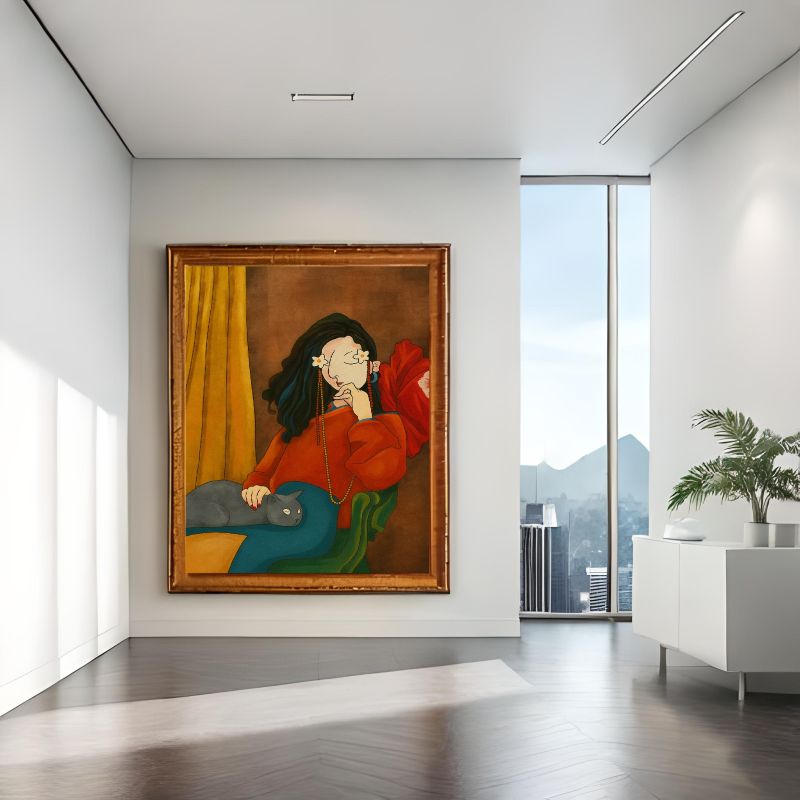 Framed painting of a woman with a cat in a modern room with large windows. ideal for modern figurative wall art and boho home decor.