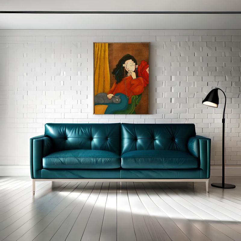 Modern living room with teal sofa, white brick wall, and abstract painting. ideal for modern figurative wall art and boho home decor.