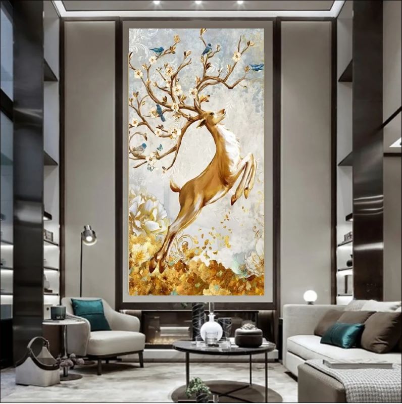 Whimsical painting of a leaping golden deer with antlers blooming into flower-filled branches with blue birds, enchanted fantasy wall art style.