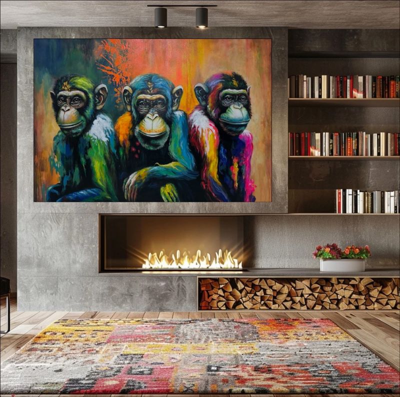 Colorful Three Monkey Wall Art – Vibrant Animal Canvas Painting