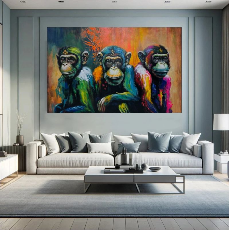 Colorful Three Monkey Wall Art – Vibrant Animal Canvas Painting