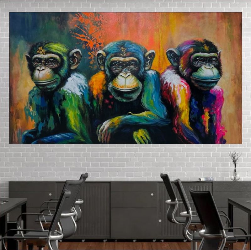 Colorful Three Monkey Wall Art – Vibrant Animal Canvas Painting