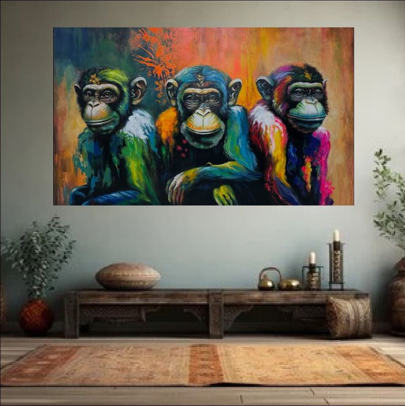 Colorful Three Monkey Wall Art – Vibrant Animal Canvas Painting