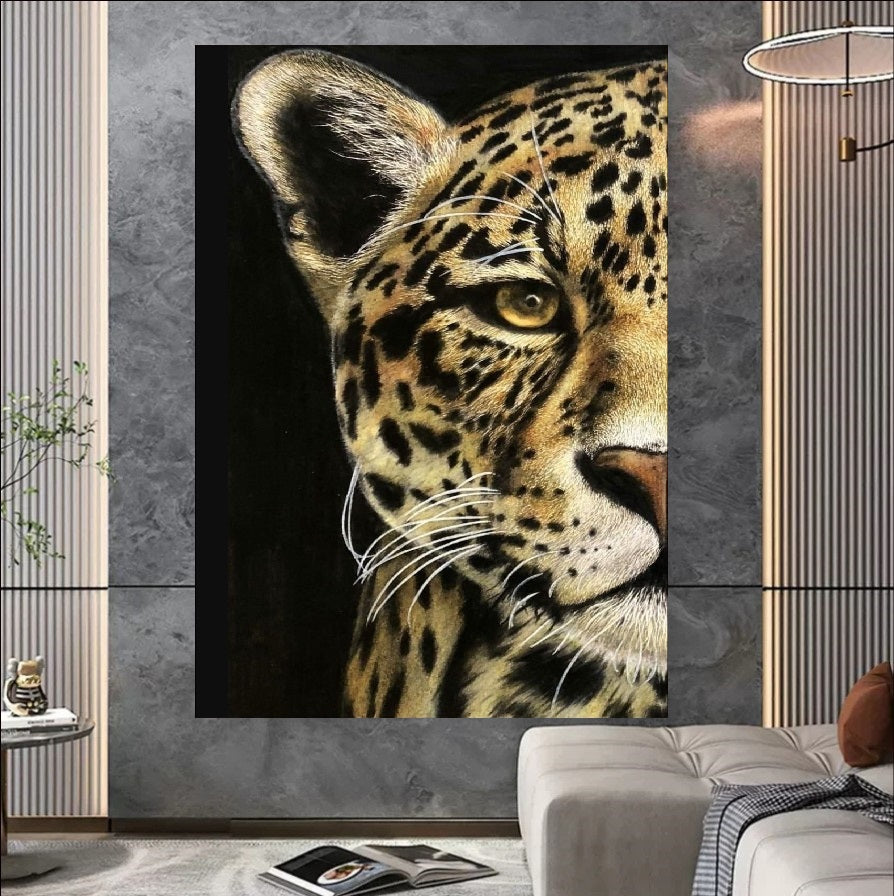 Realistic oil painting close-up of a leopard's face with piercing amber eyes and detailed spots against a black background, wildlife wall art.