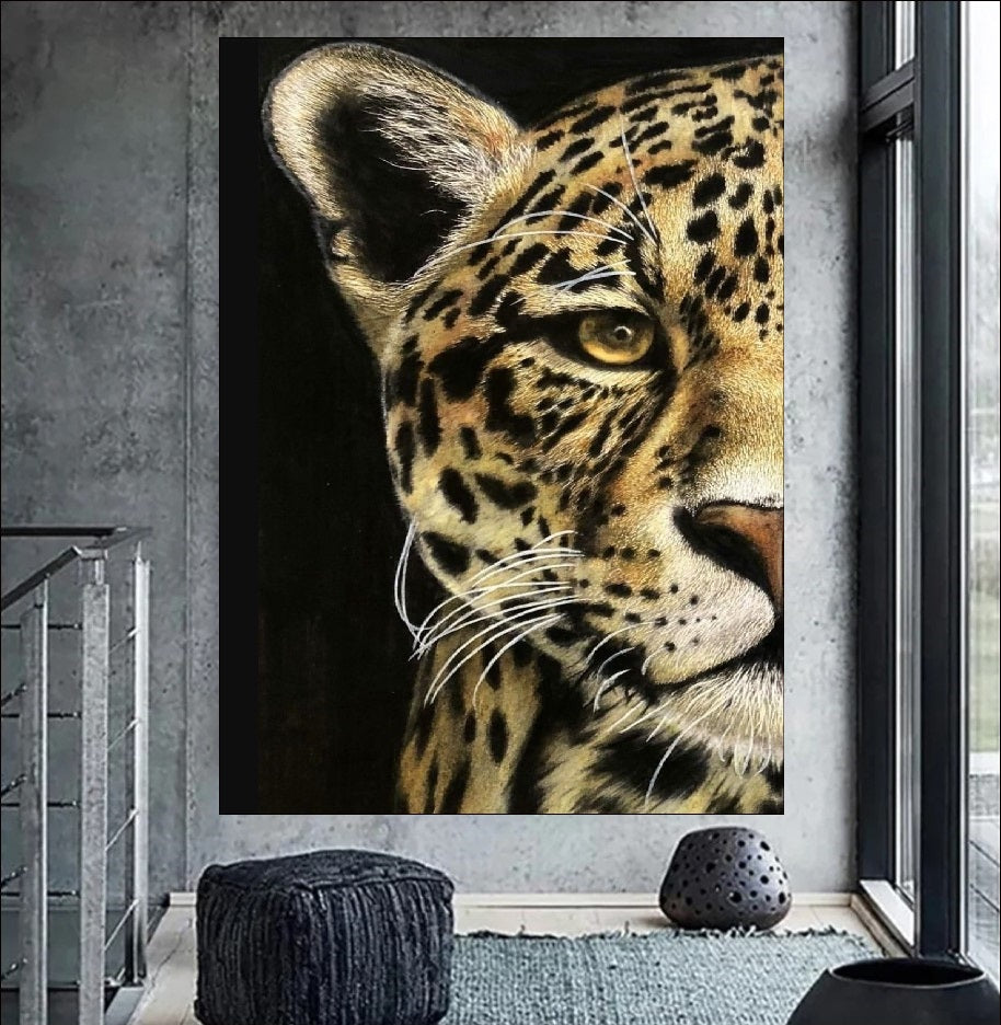 Realistic oil painting close-up of a leopard's face with piercing amber eyes and detailed spots against a black background, wildlife wall art.