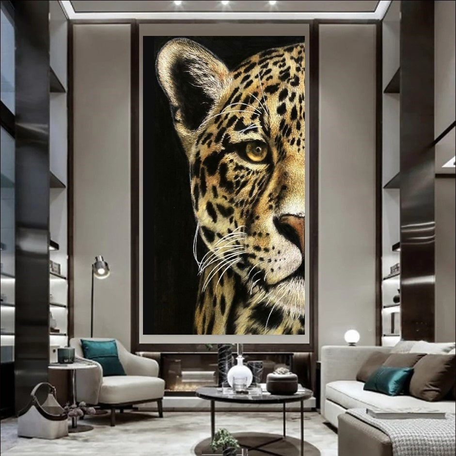 Realistic oil painting close-up of a leopard's face with piercing amber eyes and detailed spots against a black background, wildlife wall art.