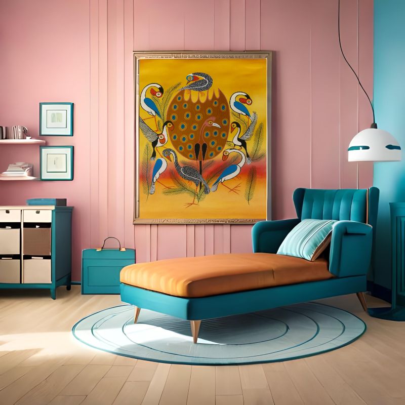 Colorful Tingatinga art featuring a flock of stylized birds and peacock with intricate patterns on a vibrant yellow background, East African folk art.