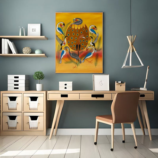 Colorful Tingatinga painting of stylized African birds with bold patterns and vibrant yellow-orange background.