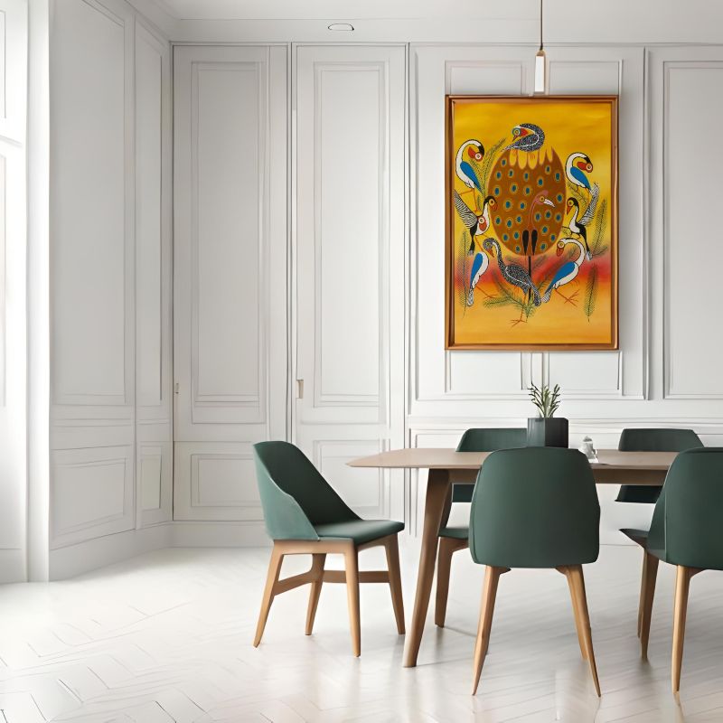 Dining room with green chairs, wooden table, and Colorful Tingatinga art featuring a flock of stylized birds and peacock with intricate patterns on a vibrant yellow background, East African folk art.