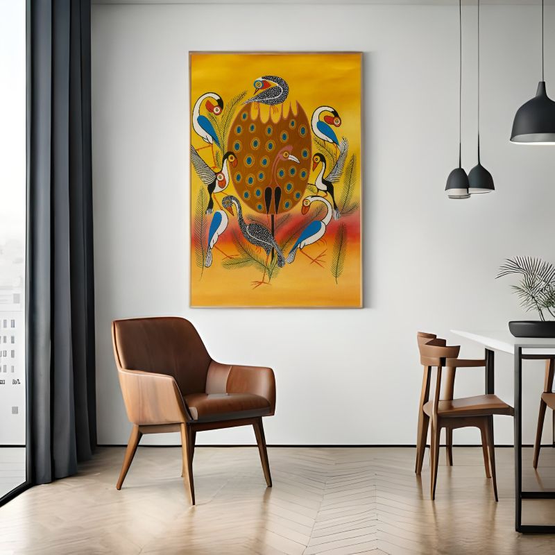Colorful Tingatinga art featuring a flock of stylized birds and peacock with intricate patterns on a vibrant yellow background, East African folk art.