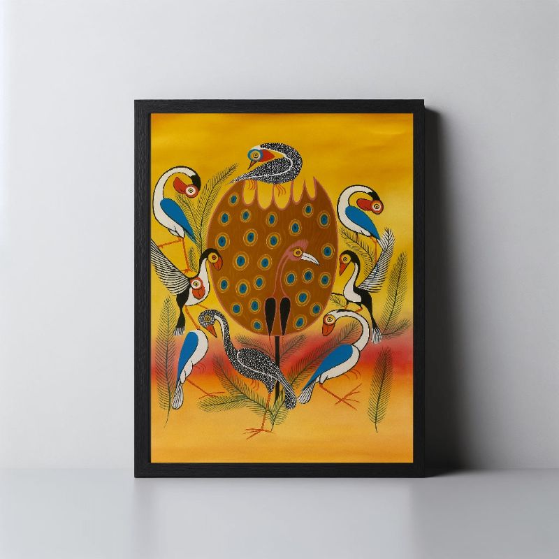 Colorful Tingatinga art featuring a flock of stylized birds and peacock with intricate patterns on a vibrant yellow background, East African folk art.