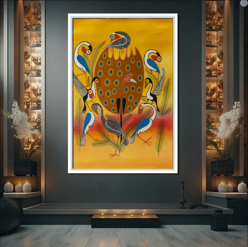 Colorful Tingatinga art featuring a flock of stylized birds and peacock with intricate patterns on a vibrant yellow background, East African folk art.