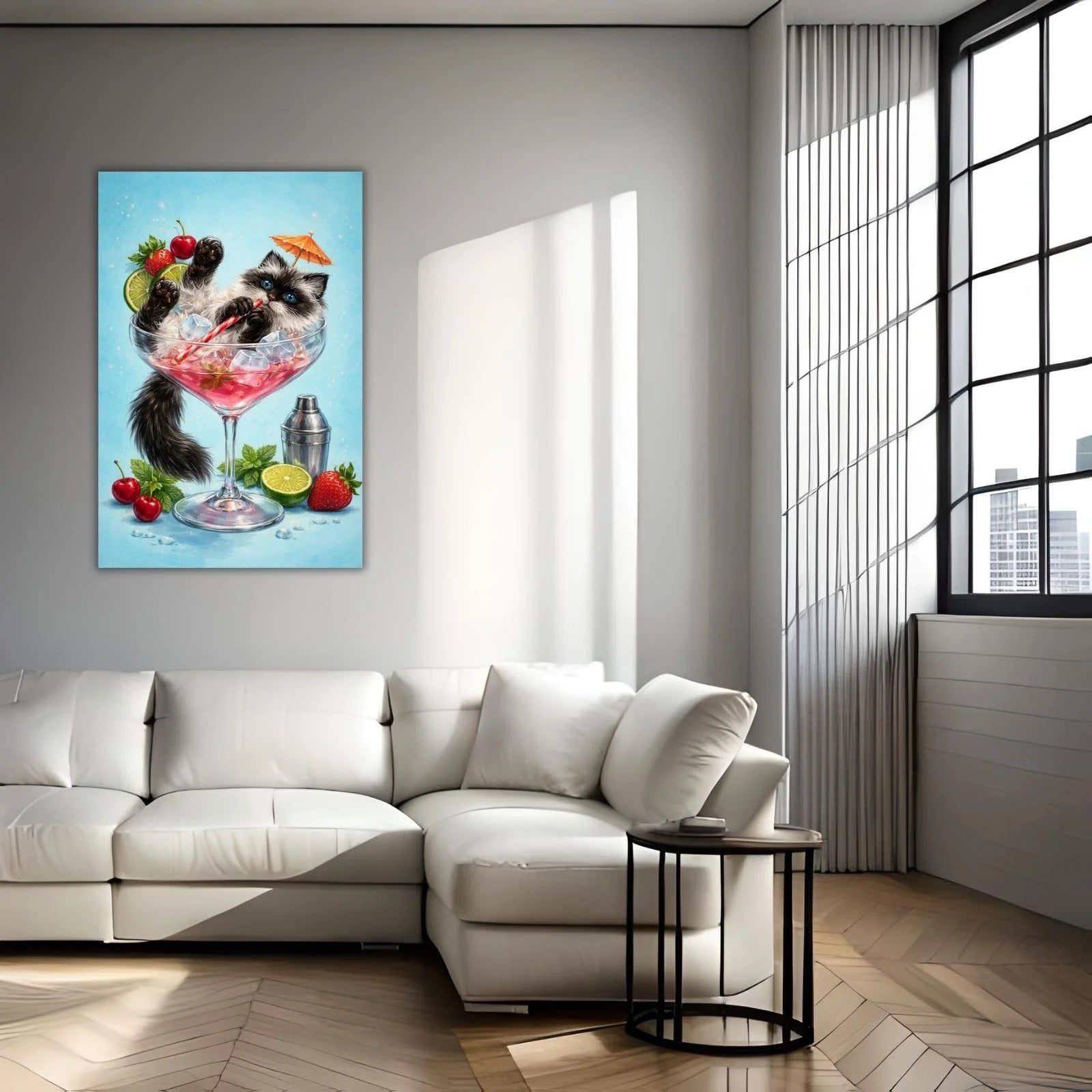A whimsical and detailed painting of a fluffy black and white kitten relaxing in a pink cocktail glass with ice, cherries, strawberries, and a tiny umbrella.
