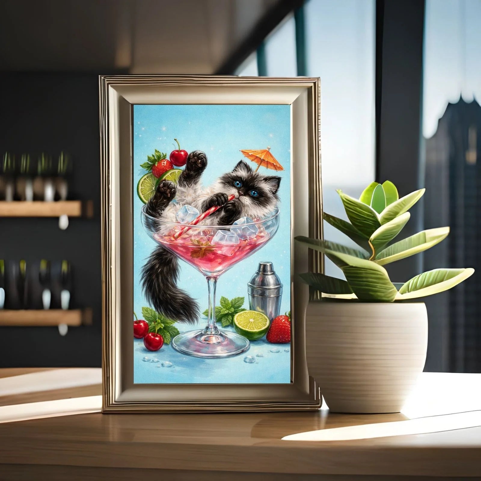 A whimsical and detailed painting of a fluffy black and white kitten relaxing in a pink cocktail glass with ice, cherries, strawberries, and a tiny umbrella.