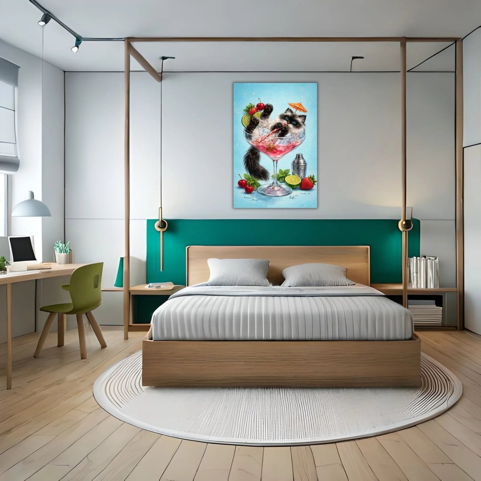 A whimsical and detailed painting of a fluffy black and white kitten relaxing in a pink cocktail glass with ice, cherries, strawberries, and a tiny umbrella.