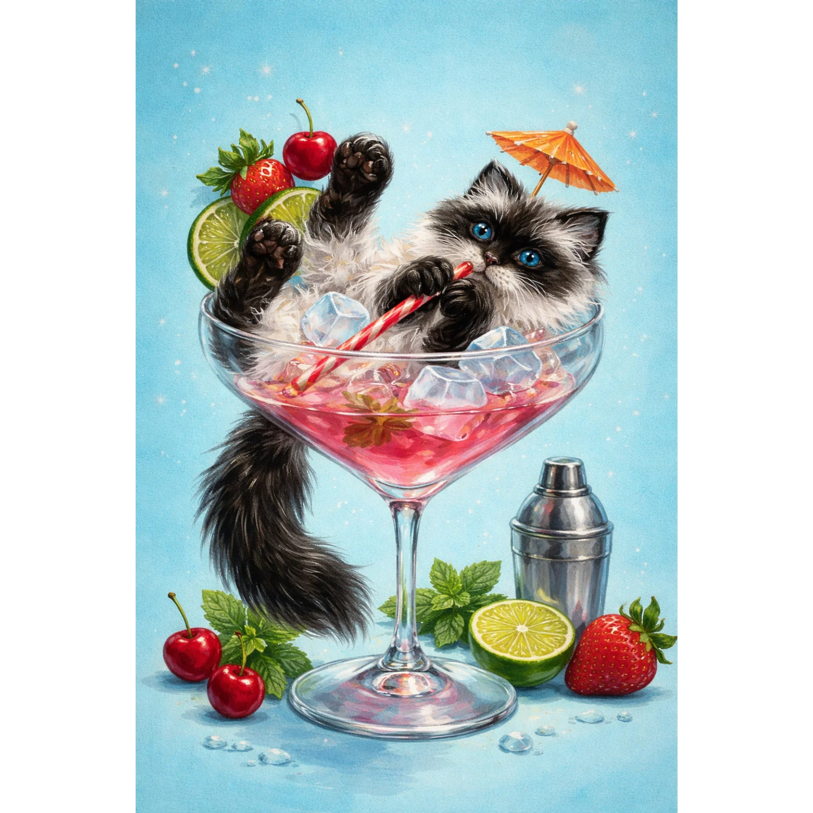 A whimsical and detailed painting of a fluffy black and white kitten relaxing in a pink cocktail glass with ice, cherries, strawberries, and a tiny umbrella.