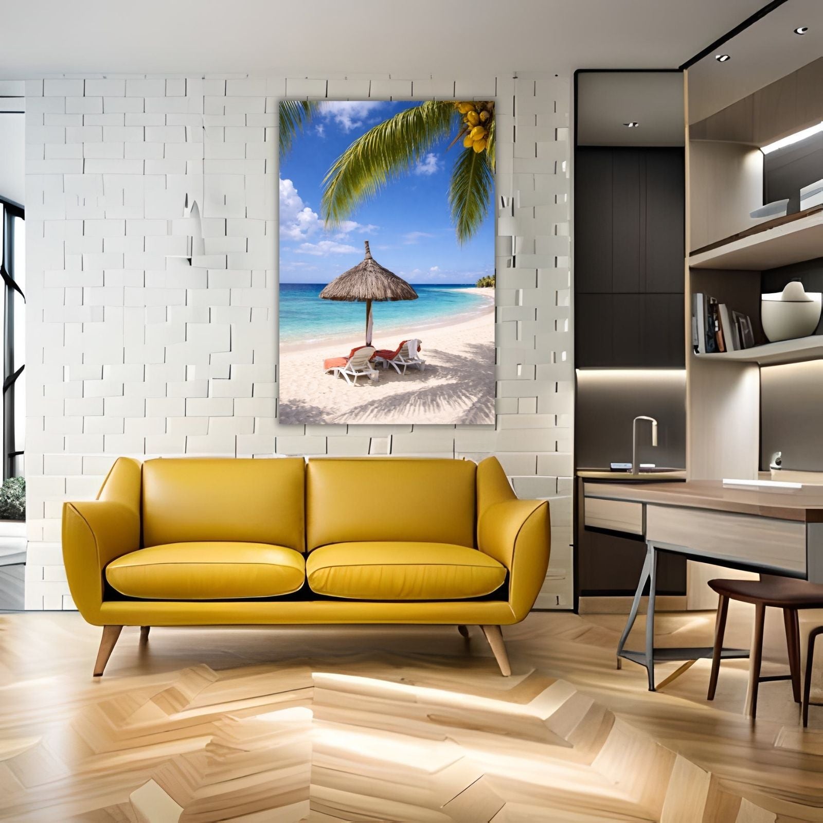 A serene landscape photograph of a white sand beach with two lounge chairs under a straw umbrella, framed by a palm tree with yellow coconuts.