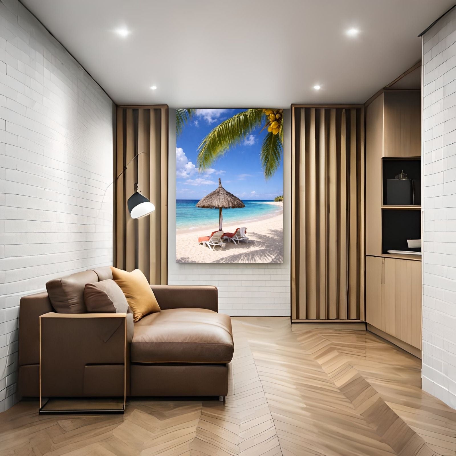 A serene landscape photograph of a white sand beach with two lounge chairs under a straw umbrella, framed by a palm tree with yellow coconuts.