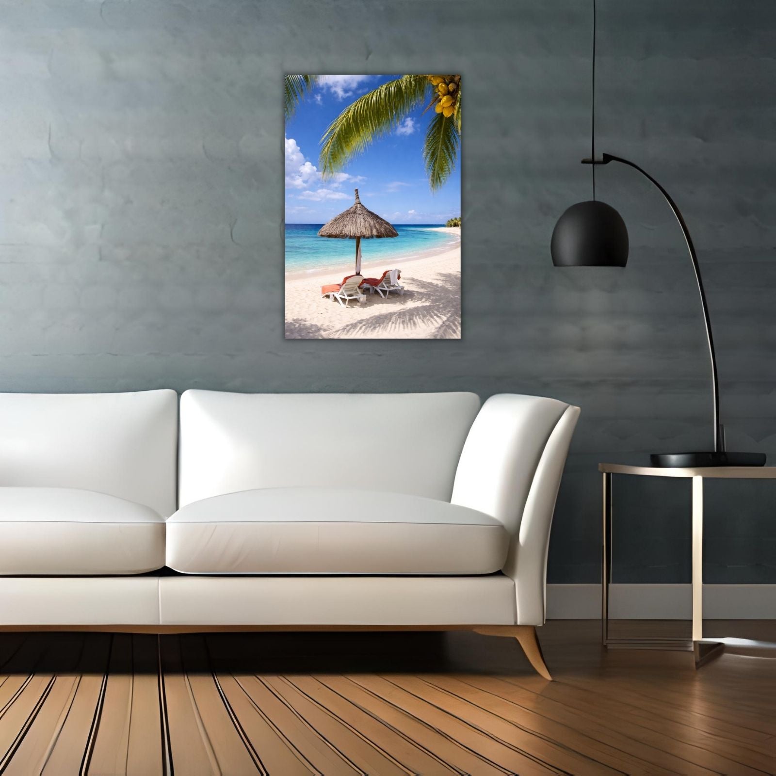 A serene landscape photograph of a white sand beach with two lounge chairs under a straw umbrella, framed by a palm tree with yellow coconuts.