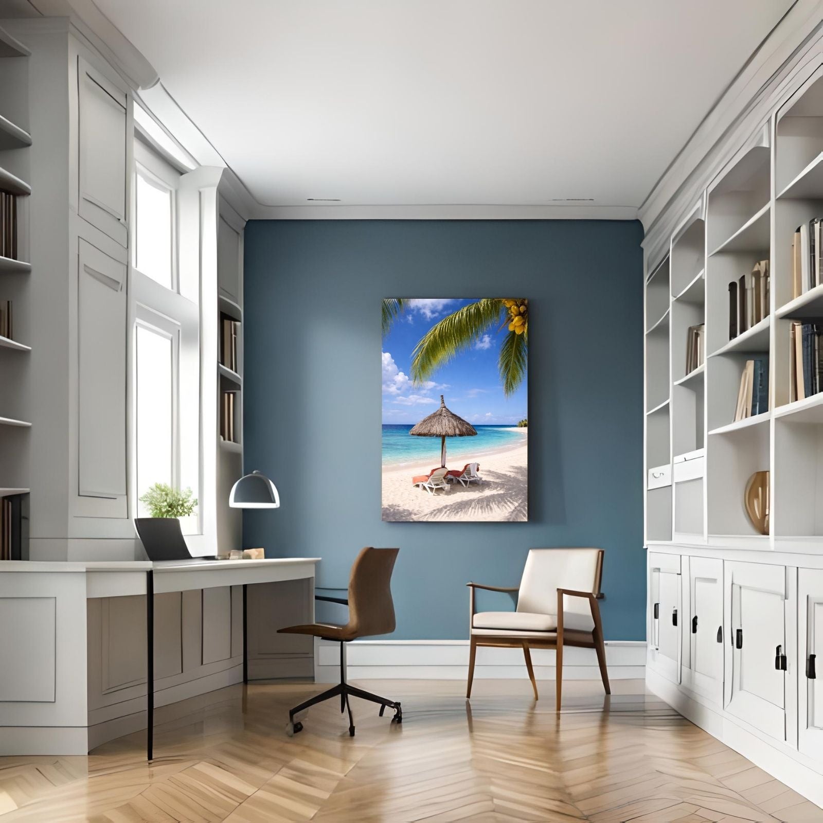 A serene landscape photograph of a white sand beach with two lounge chairs under a straw umbrella, framed by a palm tree with yellow coconuts.