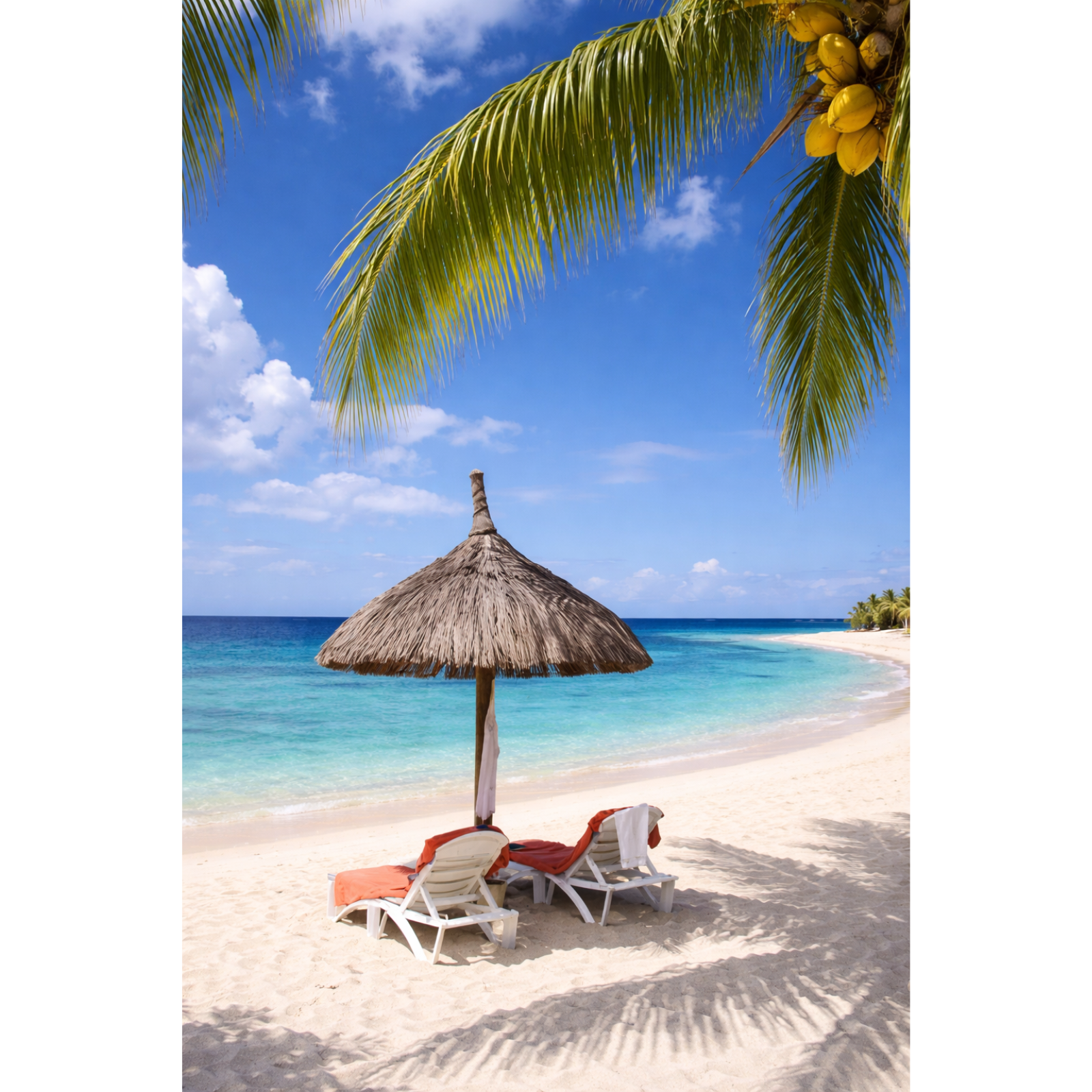 A serene landscape photograph of a white sand beach with two lounge chairs under a straw umbrella, framed by a palm tree with yellow coconuts.