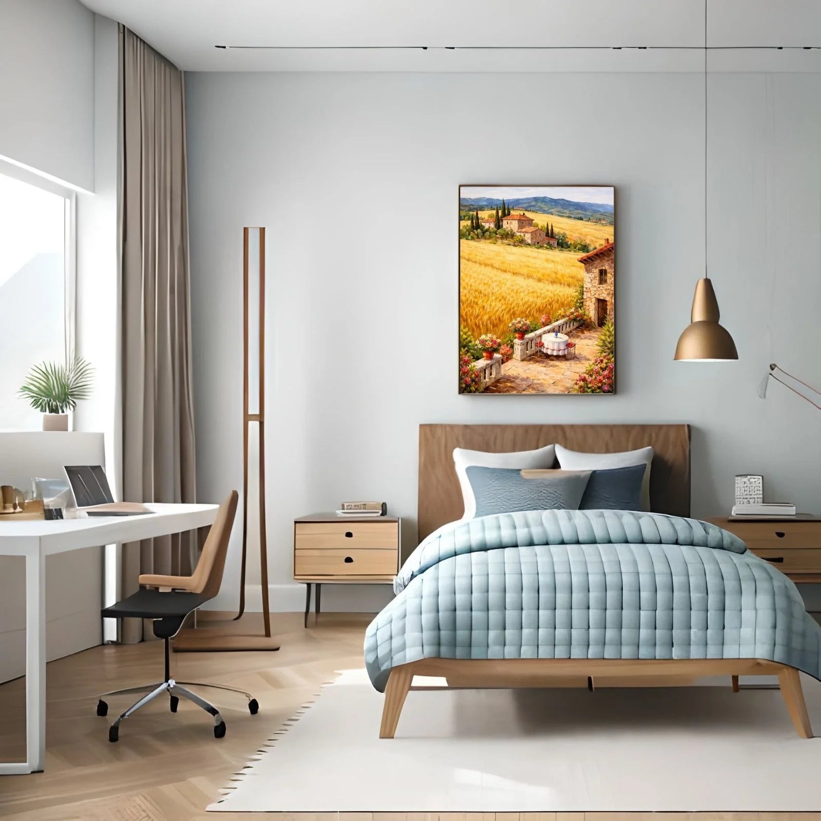 A vibrant painting of a stone terrace with flower pots and a dining table overlooking a golden Tuscan wheat field and rolling hills under a blue sky.
