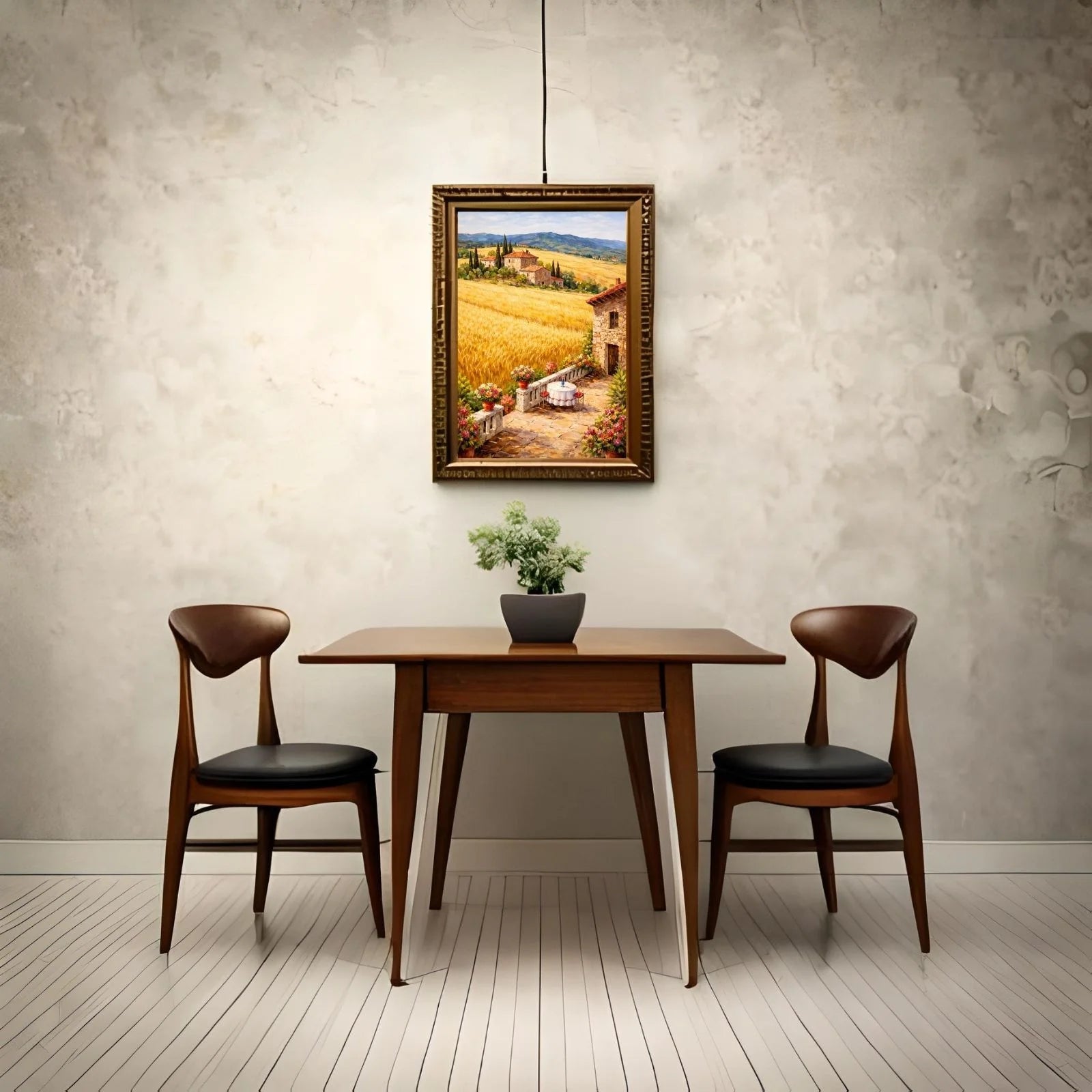 A vibrant painting of a stone terrace with flower pots and a dining table overlooking a golden Tuscan wheat field and rolling hills under a blue sky.