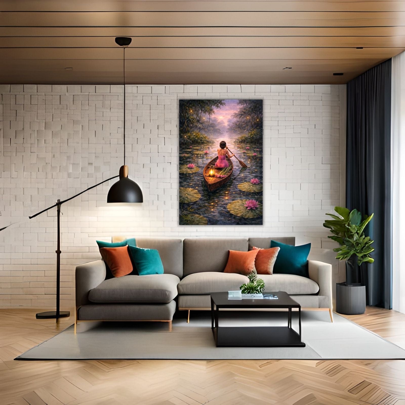 A magical figurative painting of a woman in a pink dress rowing a lantern-lit boat down a river filled with pink lilies under a starry twilight sky.