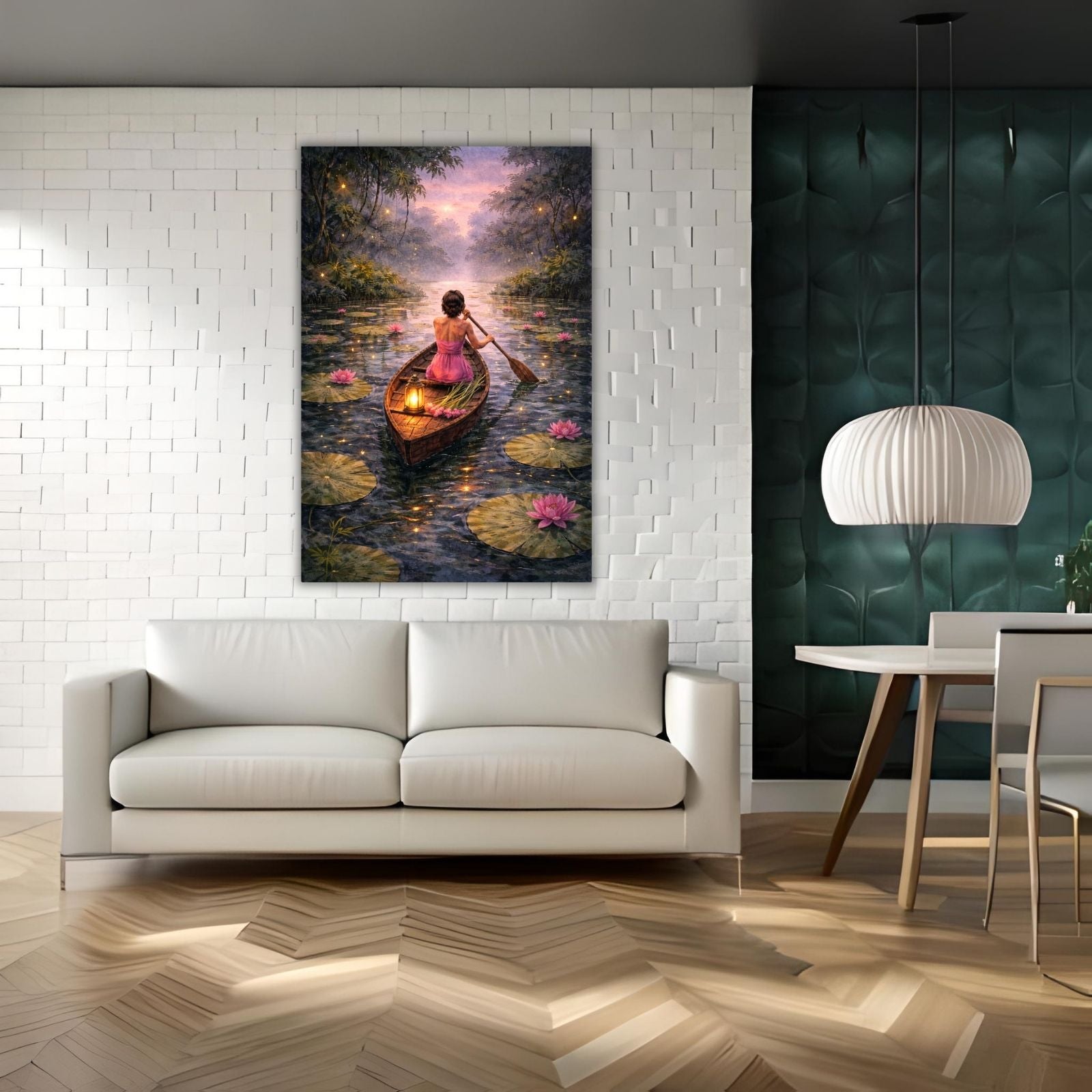 A magical figurative painting of a woman in a pink dress rowing a lantern-lit boat down a river filled with pink lilies under a starry twilight sky.