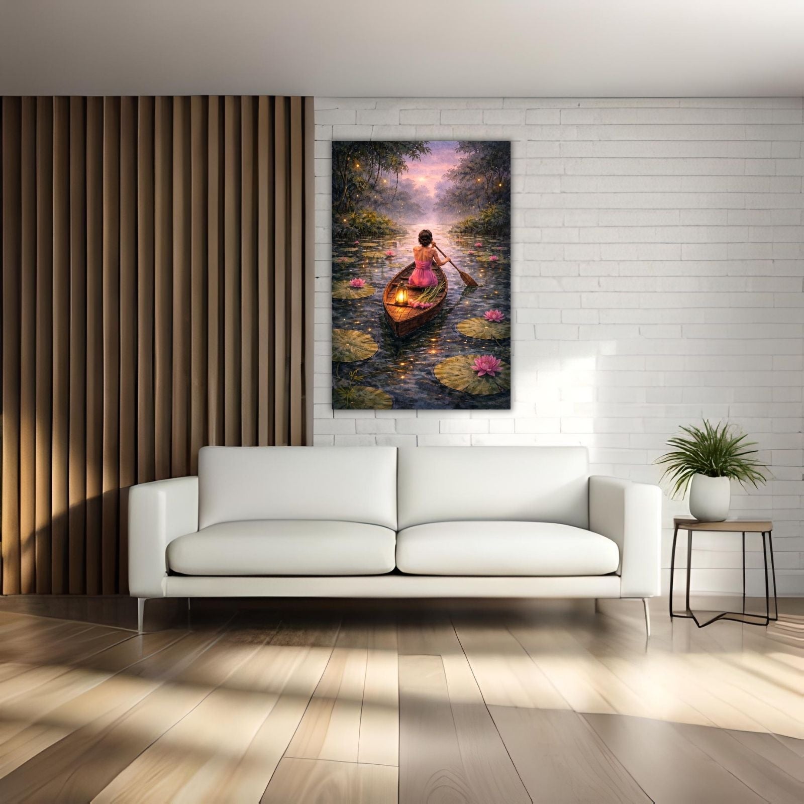 A magical figurative painting of a woman in a pink dress rowing a lantern-lit boat down a river filled with pink lilies under a starry twilight sky.