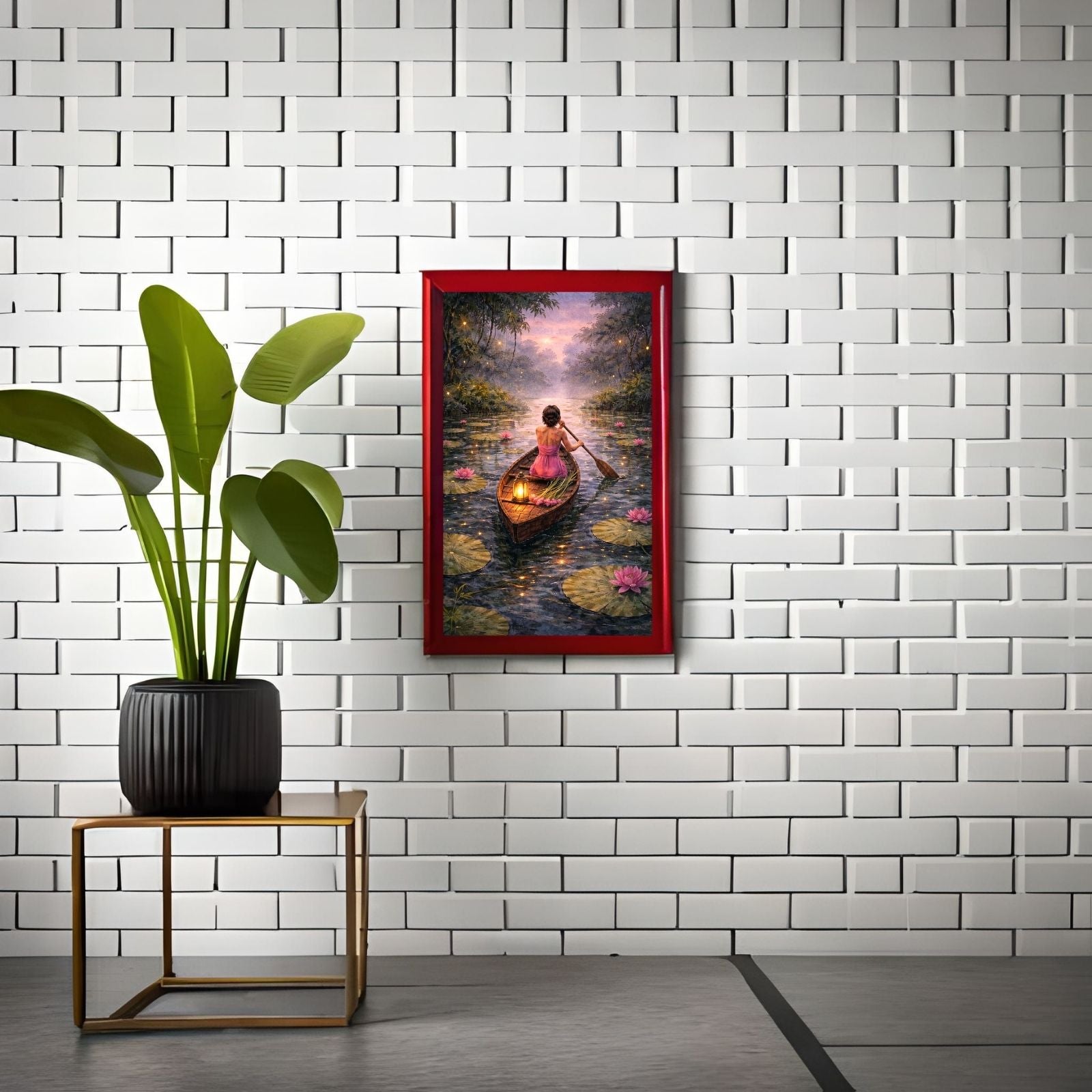 A magical figurative painting of a woman in a pink dress rowing a lantern-lit boat down a river filled with pink lilies under a starry twilight sky.