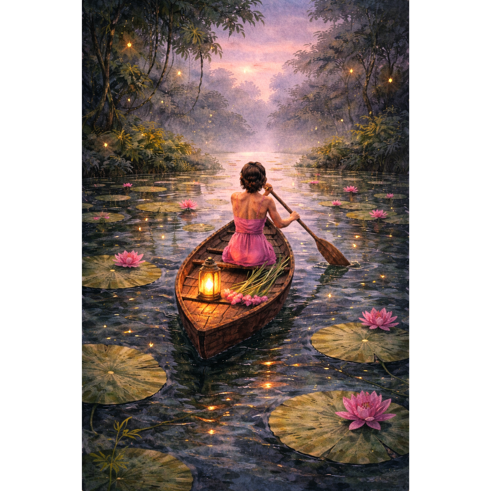 A magical figurative painting of a woman in a pink dress rowing a lantern-lit boat down a river filled with pink lilies under a starry twilight sky.