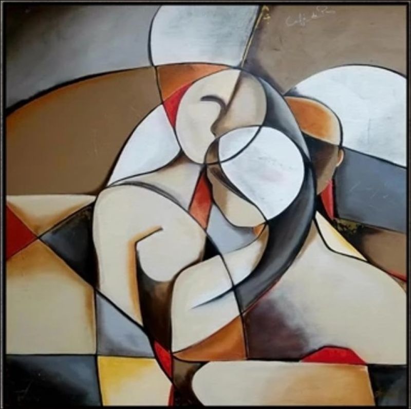 Abstract geometric painting of a couple embracing, cubist style figures in earth tones of grey, beige and brown, modern living room wall art.