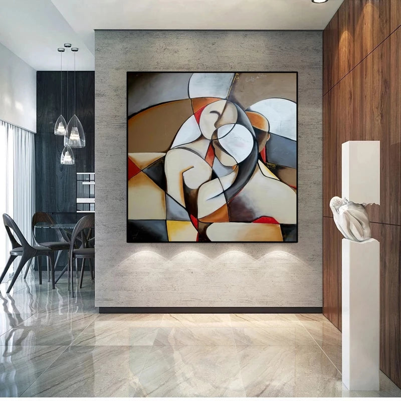 Abstract geometric painting of a couple embracing, cubist style figures in earth tones of grey, beige and brown, modern living room wall art.