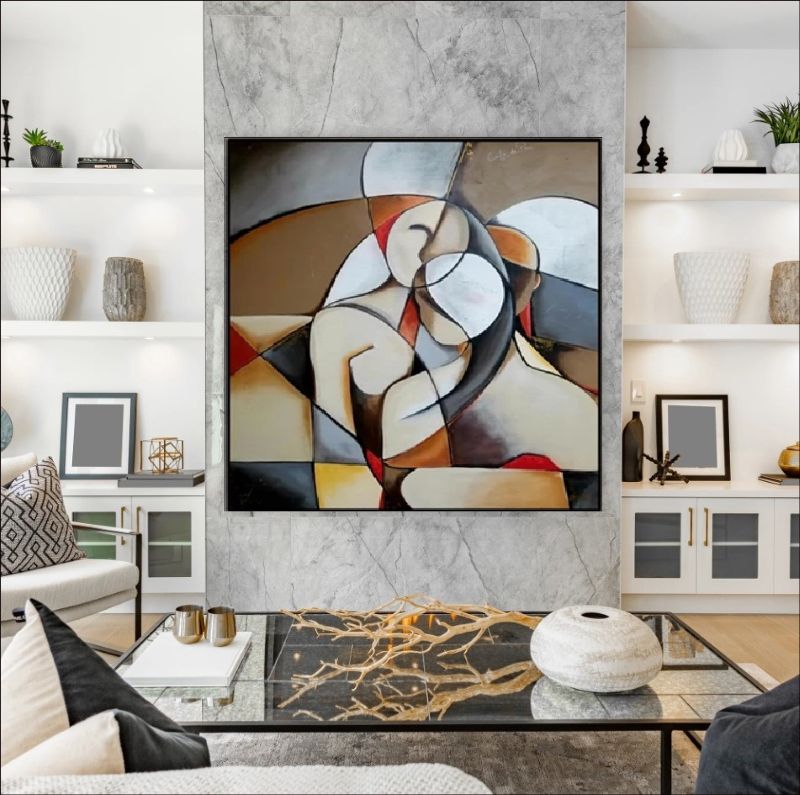 Abstract geometric painting of a couple embracing, cubist style figures in earth tones of grey, beige and brown, modern living room wall art.