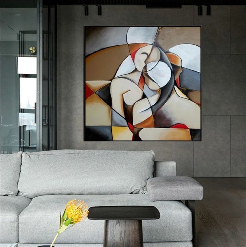 Abstract geometric painting of a couple embracing, cubist style figures in earth tones of grey, beige and brown, modern living room wall art.