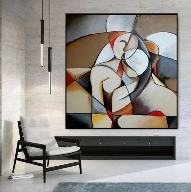 Abstract geometric painting of a couple embracing, cubist style figures in earth tones of grey, beige and brown, modern living room wall art.