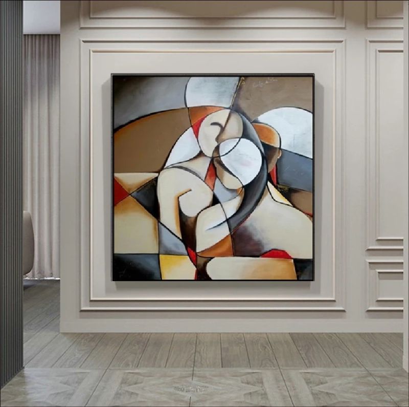 Abstract geometric painting of a couple embracing, cubist style figures in earth tones of grey, beige and brown, modern living room wall art.
