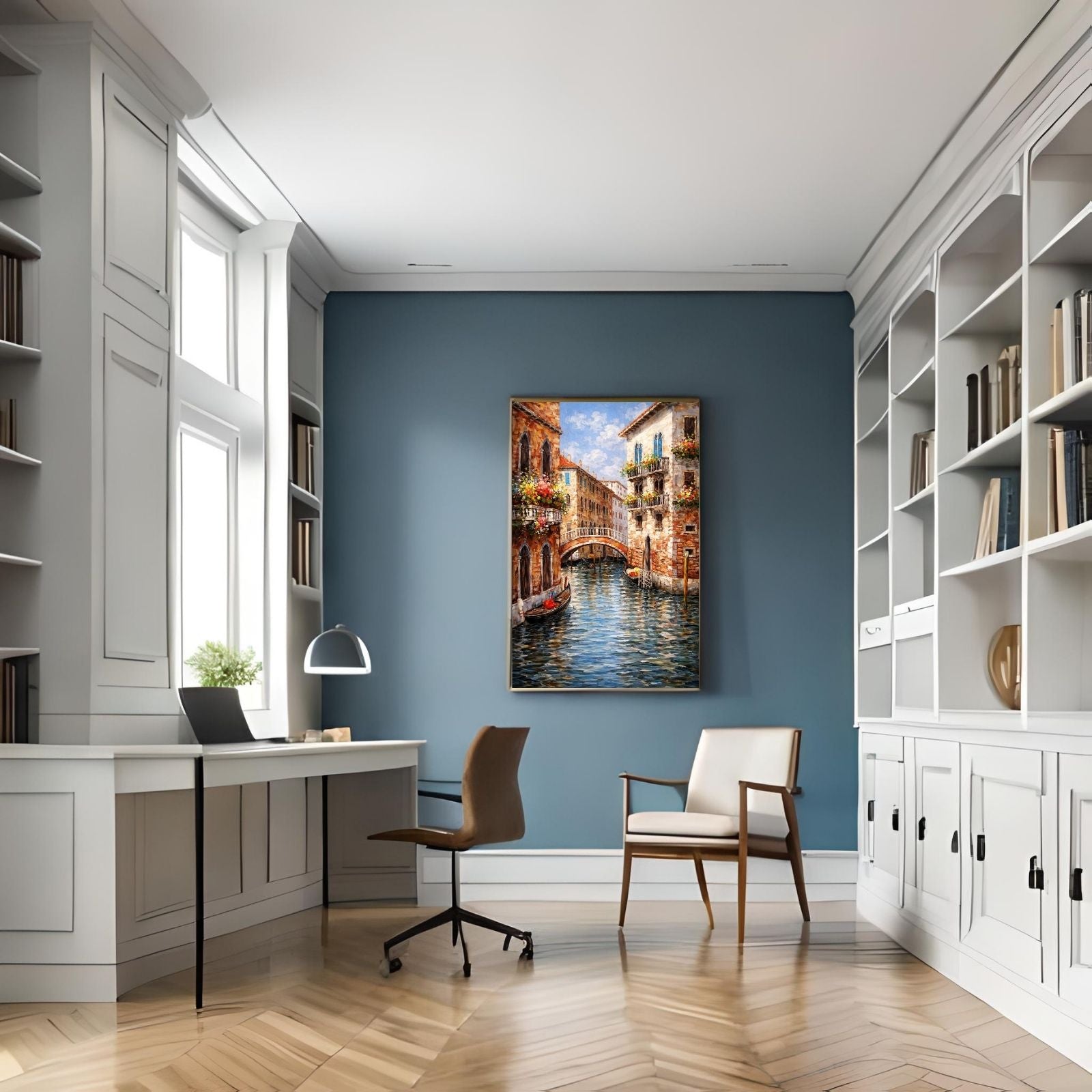 A vibrant impressionist oil painting of a Venetian canal featuring a stone bridge, gondolas, and colorful historic buildings with flower-filled balconies.