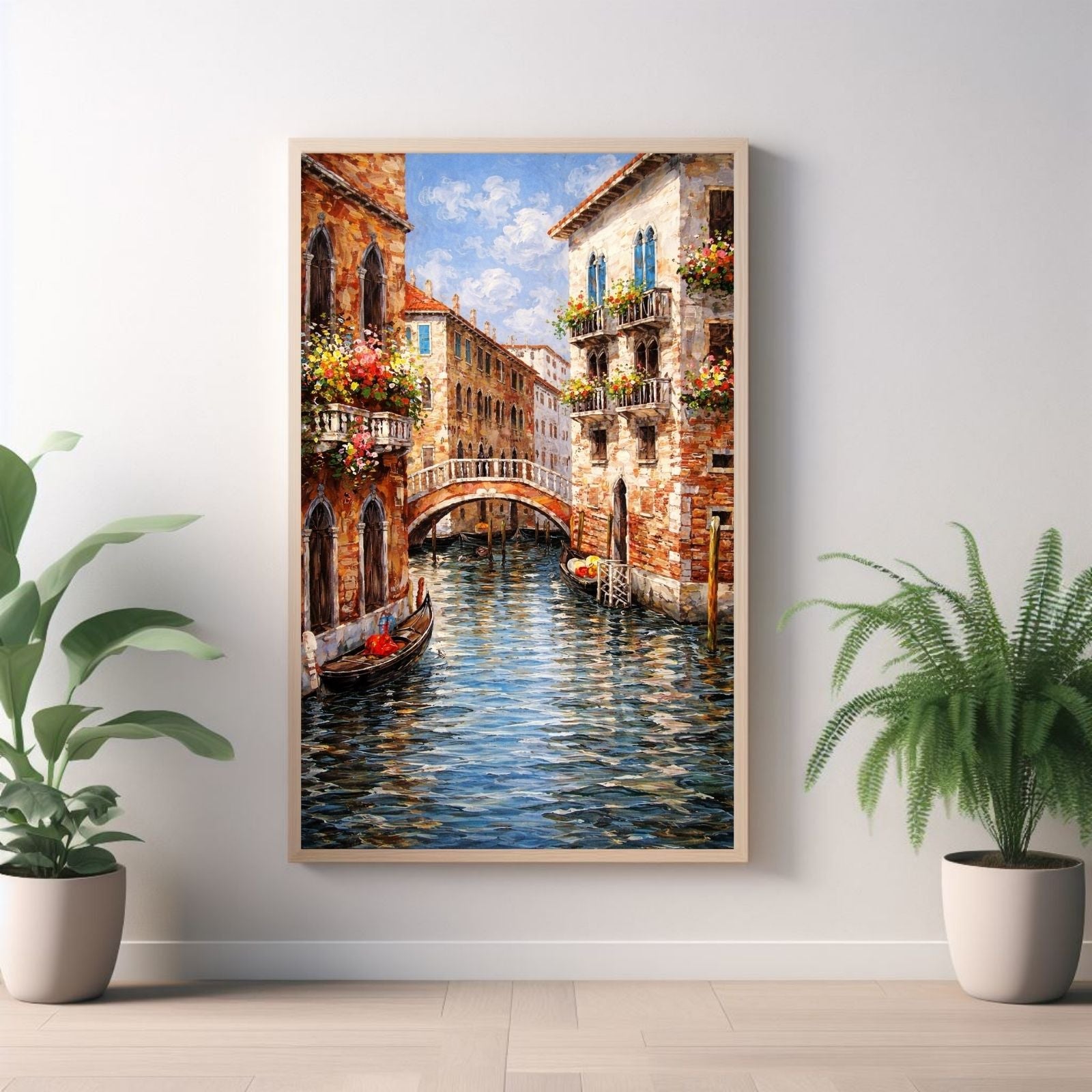 A vibrant impressionist oil painting of a Venetian canal featuring a stone bridge, gondolas, and colorful historic buildings with flower-filled balconies.