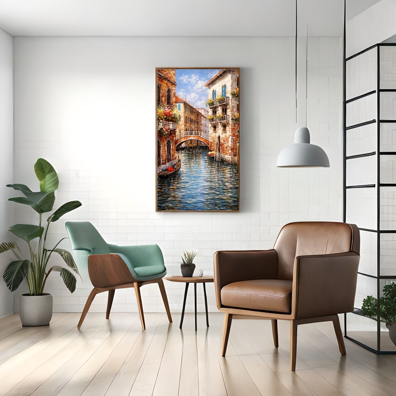 A vibrant impressionist oil painting of a Venetian canal featuring a stone bridge, gondolas, and colorful historic buildings with flower-filled balconies.