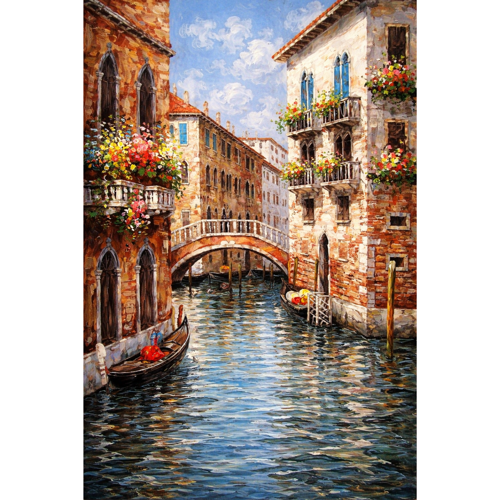 A vibrant impressionist oil painting of a Venetian canal featuring a stone bridge, gondolas, and colorful historic buildings with flower-filled balconies.