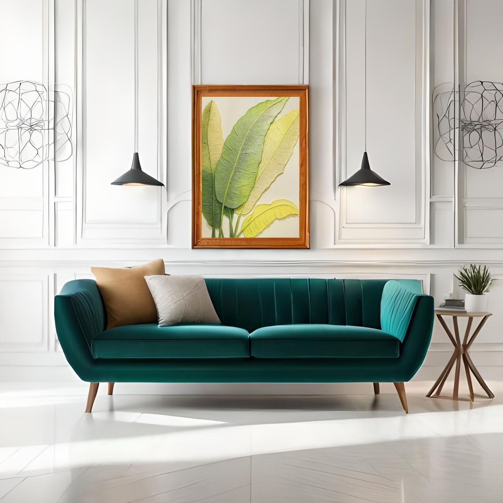 A modern botanical painting featuring large, textured tropical leaves in shades of green and pale yellow against a light, neutral background.