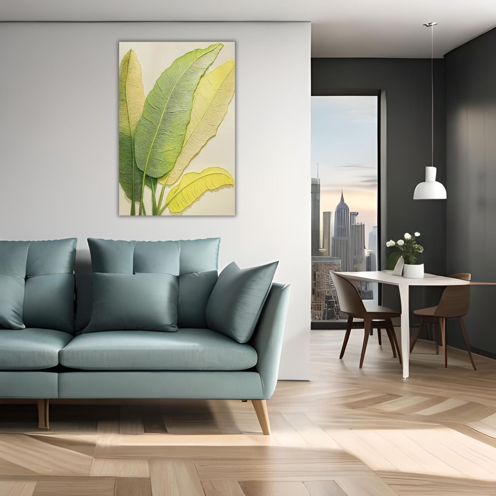 A modern botanical painting featuring large, textured tropical leaves in shades of green and pale yellow against a light, neutral background.