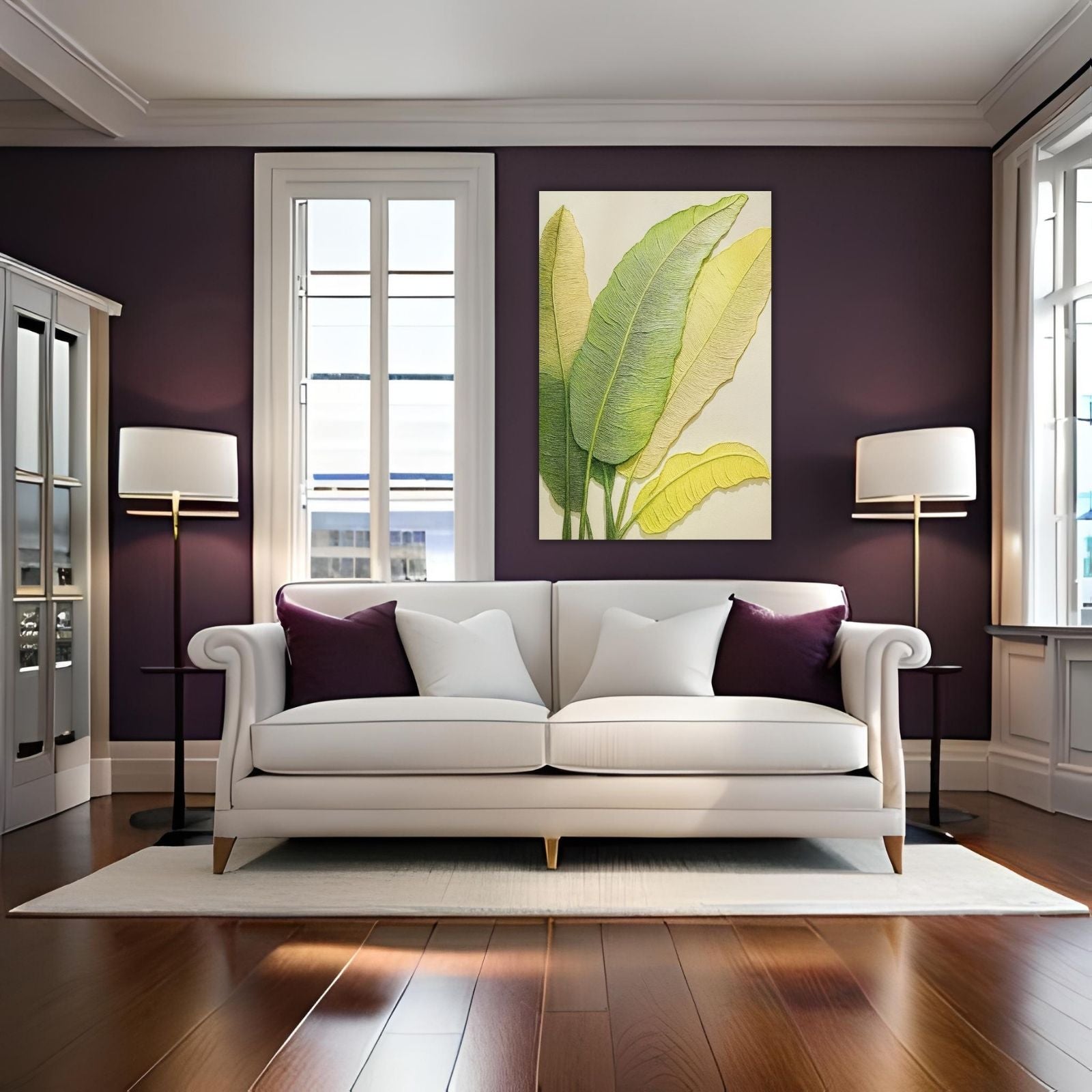A modern botanical painting featuring large, textured tropical leaves in shades of green and pale yellow against a light, neutral background.