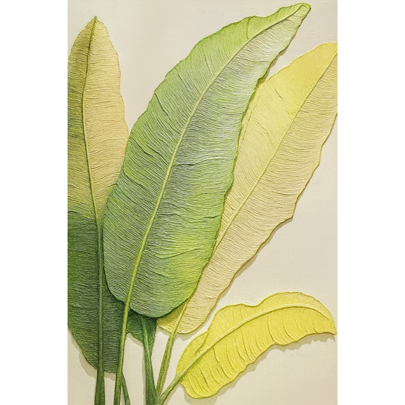 A modern botanical painting featuring large, textured tropical leaves in shades of green and pale yellow against a light, neutral background.